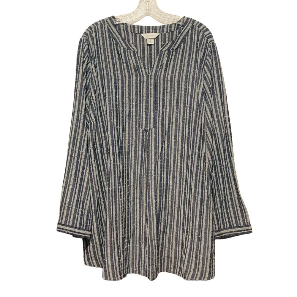 CJ BANKS Top 3X Striped Split Neck Popover Long Sleeves Striped Boho Pockets